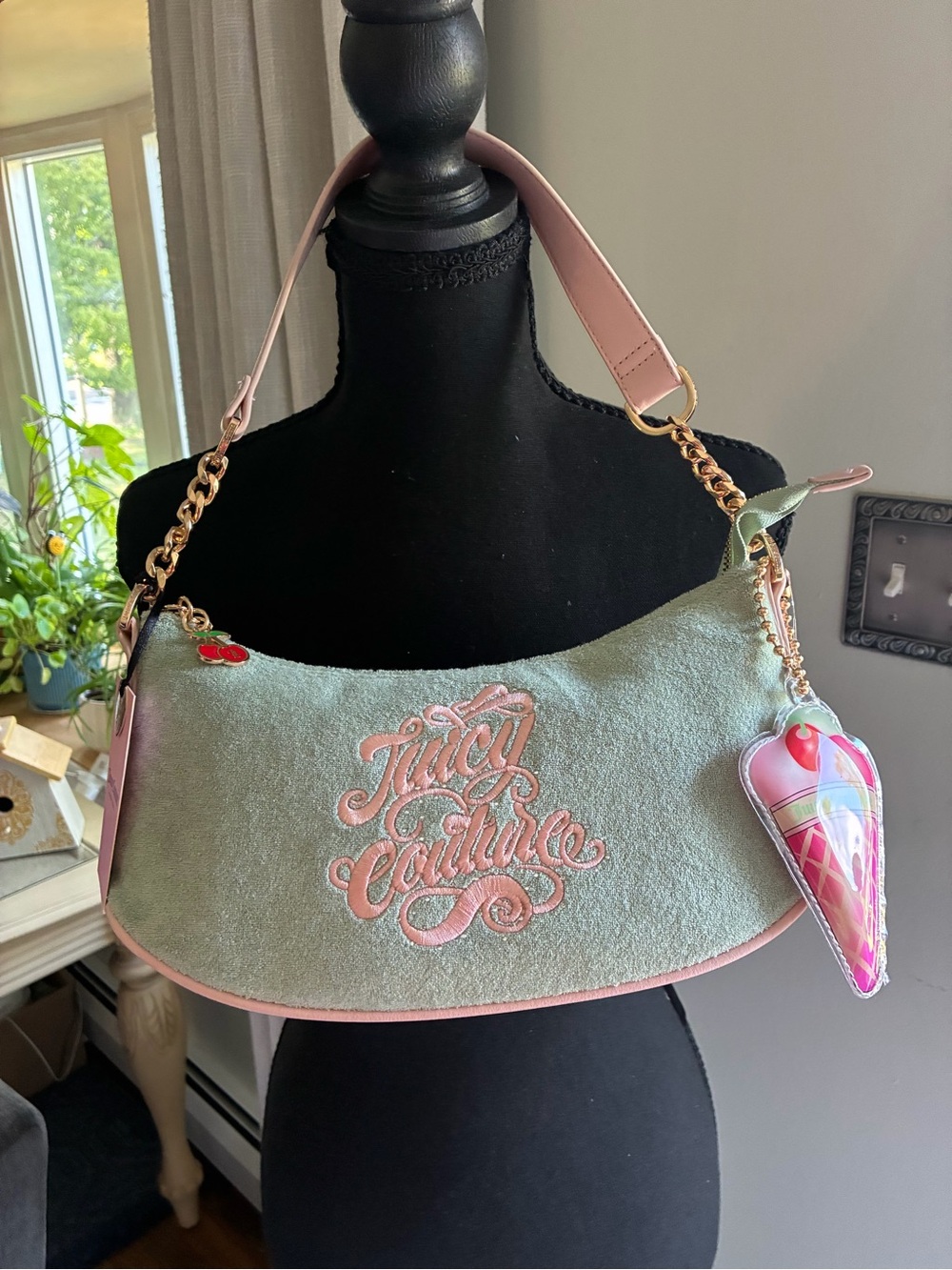 Juicy Couture Mint Green and Pink Shoulder Bag with Ice Cream Charm